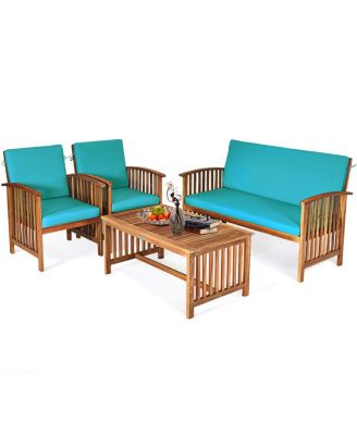 SUGIFT 4 Pieces Patio Solid Wood Furniture Set with Water Resistant Cushions
