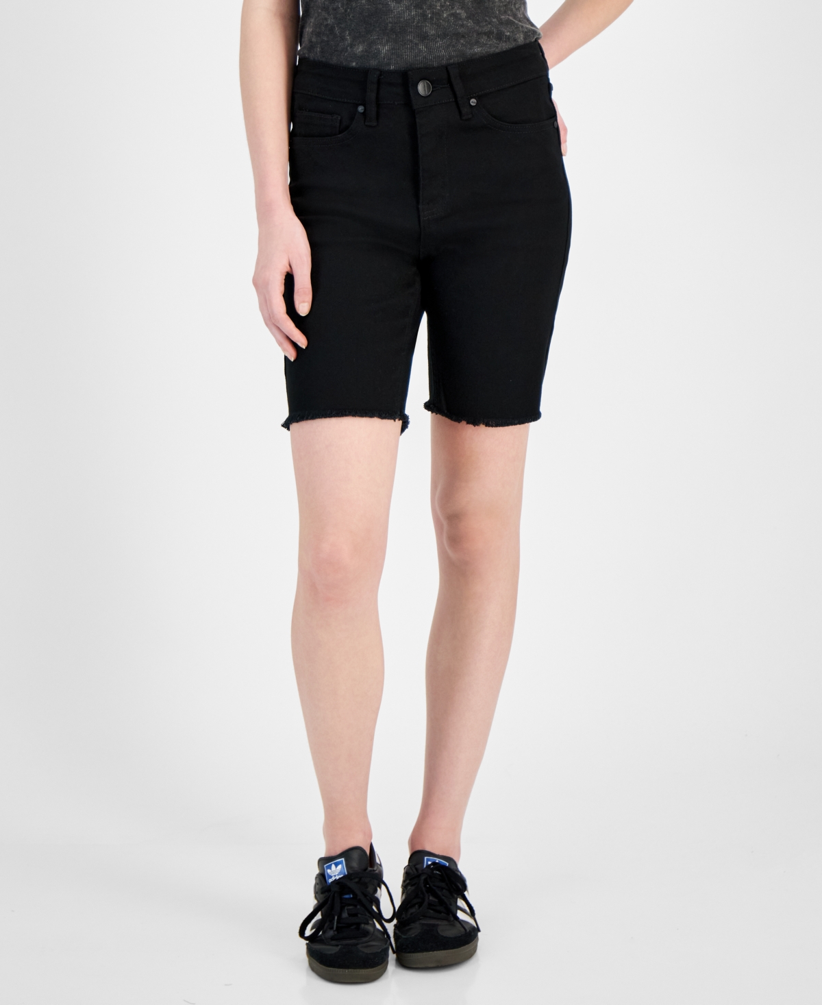 Shop Dollhouse Juniors' High-rise Frayed-hem Midi Shorts In Black