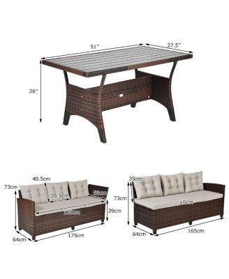 3 Pieces Hand-Woven Rattan Outdoor Sofa Set with Dining Table