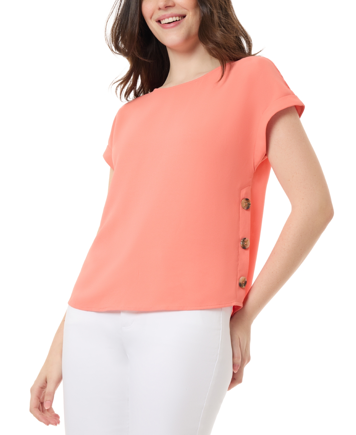 Shop Jones New York Women's Crewneck Short-sleeve Button-trim Top In Coral Sun