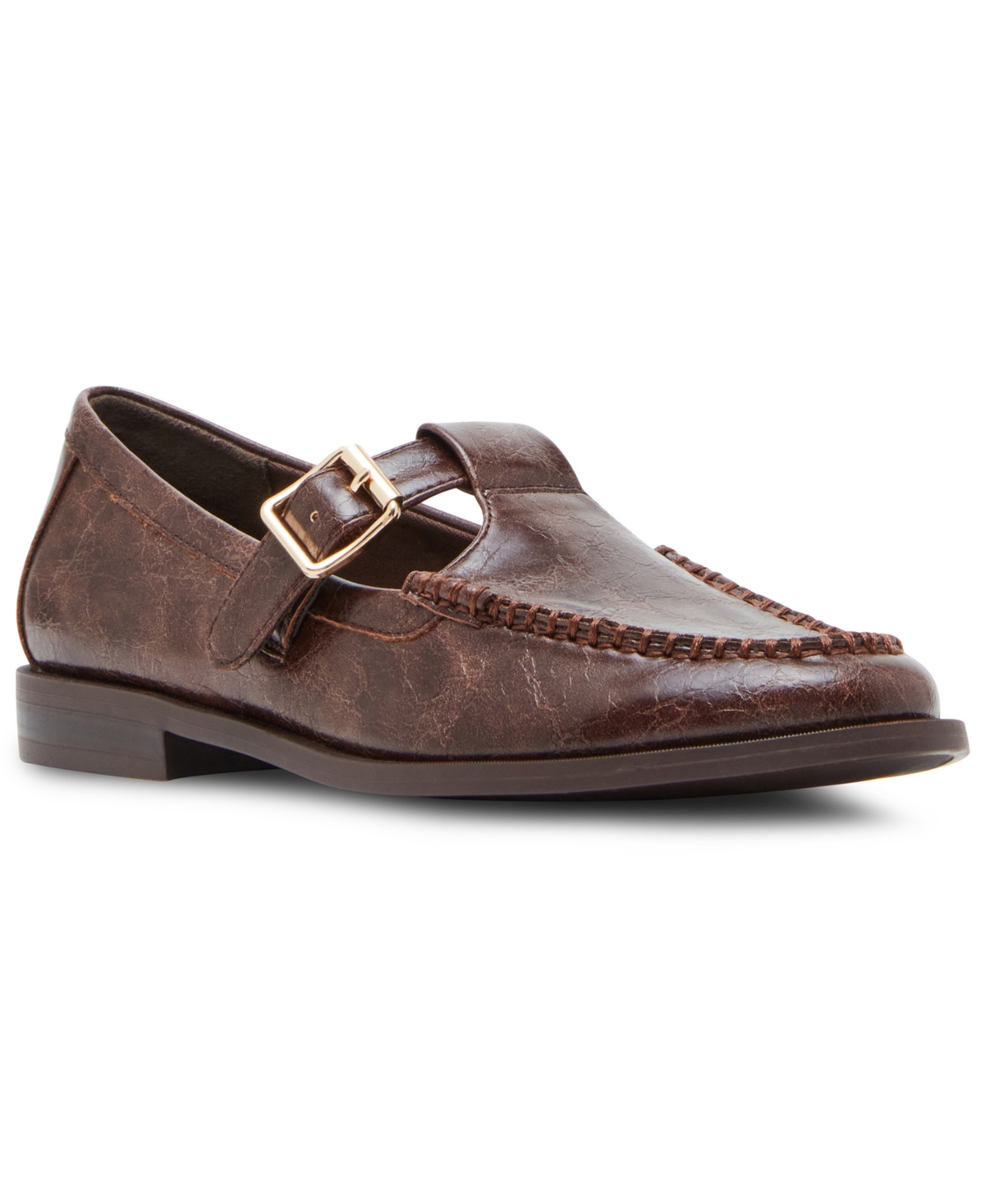 Moccha T-Strap Tailored Loafer Flats - Brown Distressed