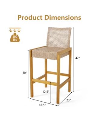 Set of 2 Rattan Patio Wood Barstools Dining Chairs with Backrest