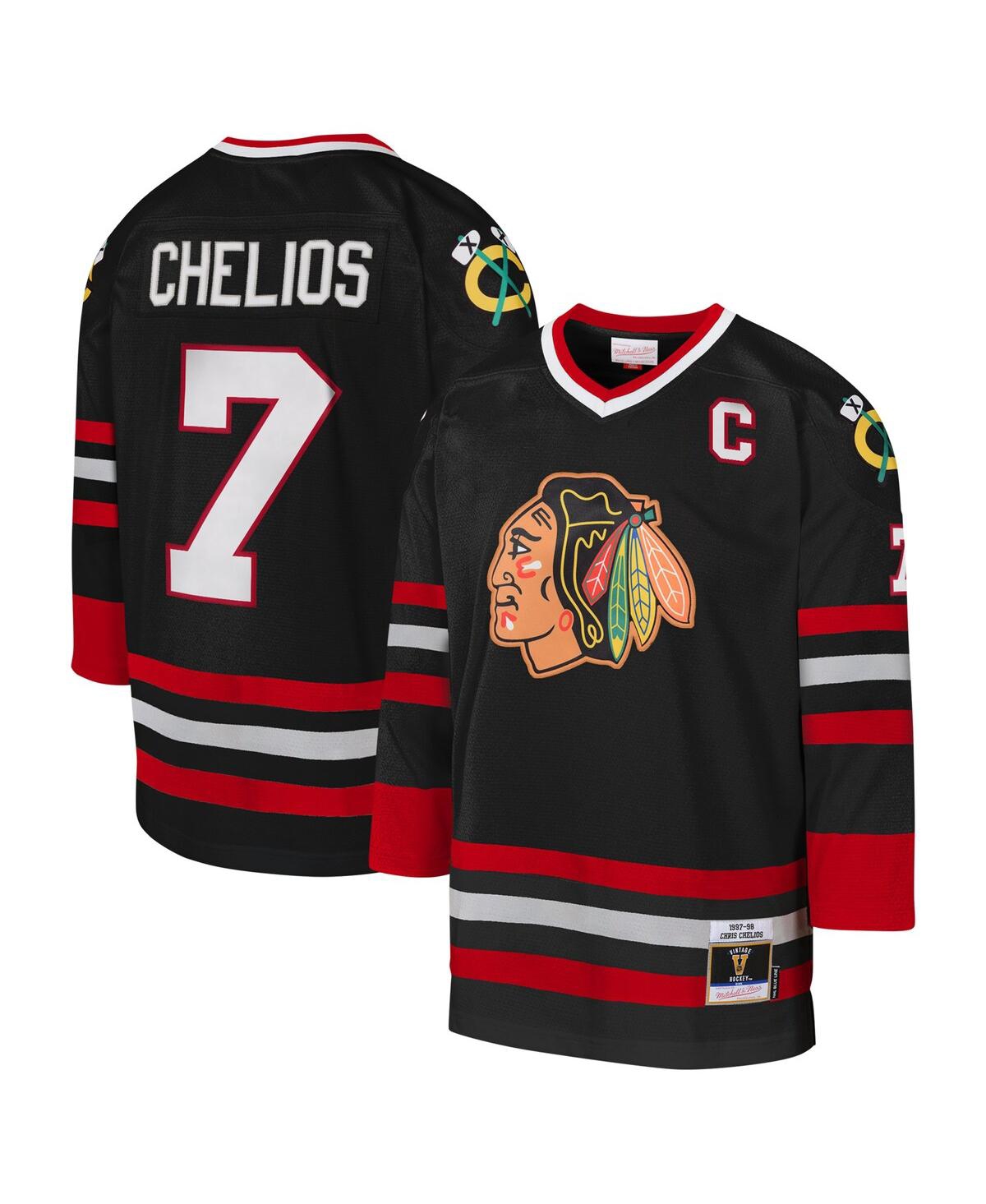 Mitchell Ness Youth Chris Chelios Black Chicago Blackhawks 1997-98 Blue Line Captain Patch Player Jersey - Black