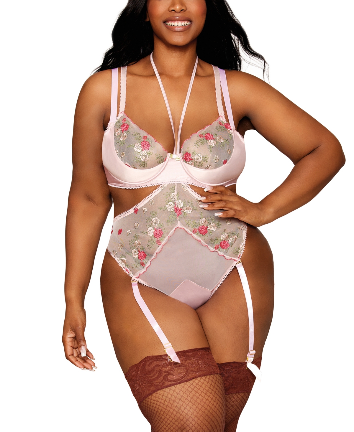 Shop Dreamgirl Plus Vintage Rose Embroidery Bra And Open Cup Teddy Set In Rose Quartz