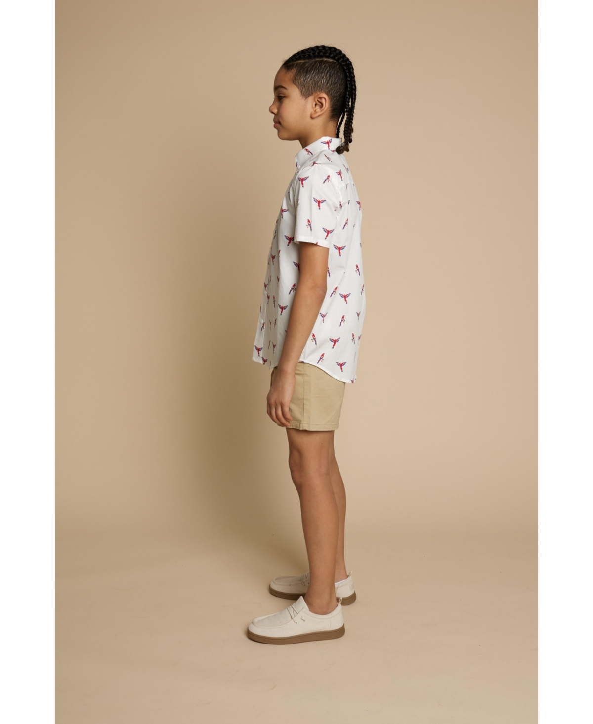 B by Brooks Brothers Big Boys Parrot Print Woven Short Sleeve Poplin Shirt