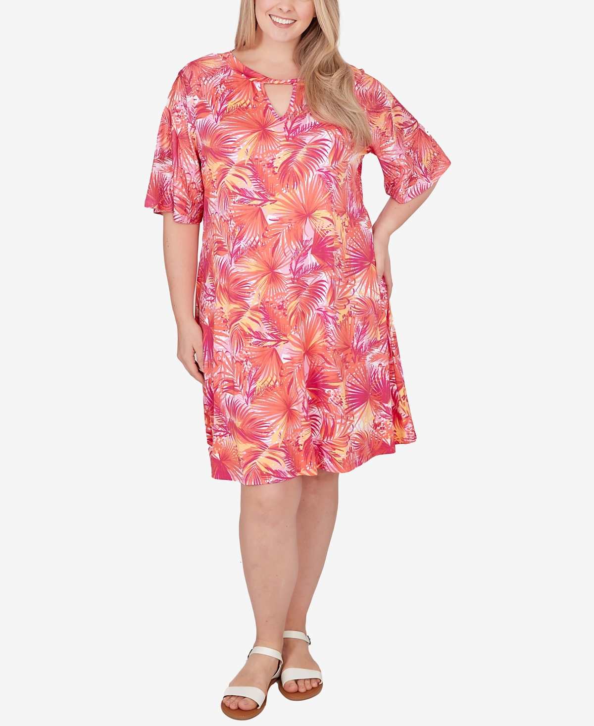 Plus Size Tropical Puff Print Dress - Raspberry Multi