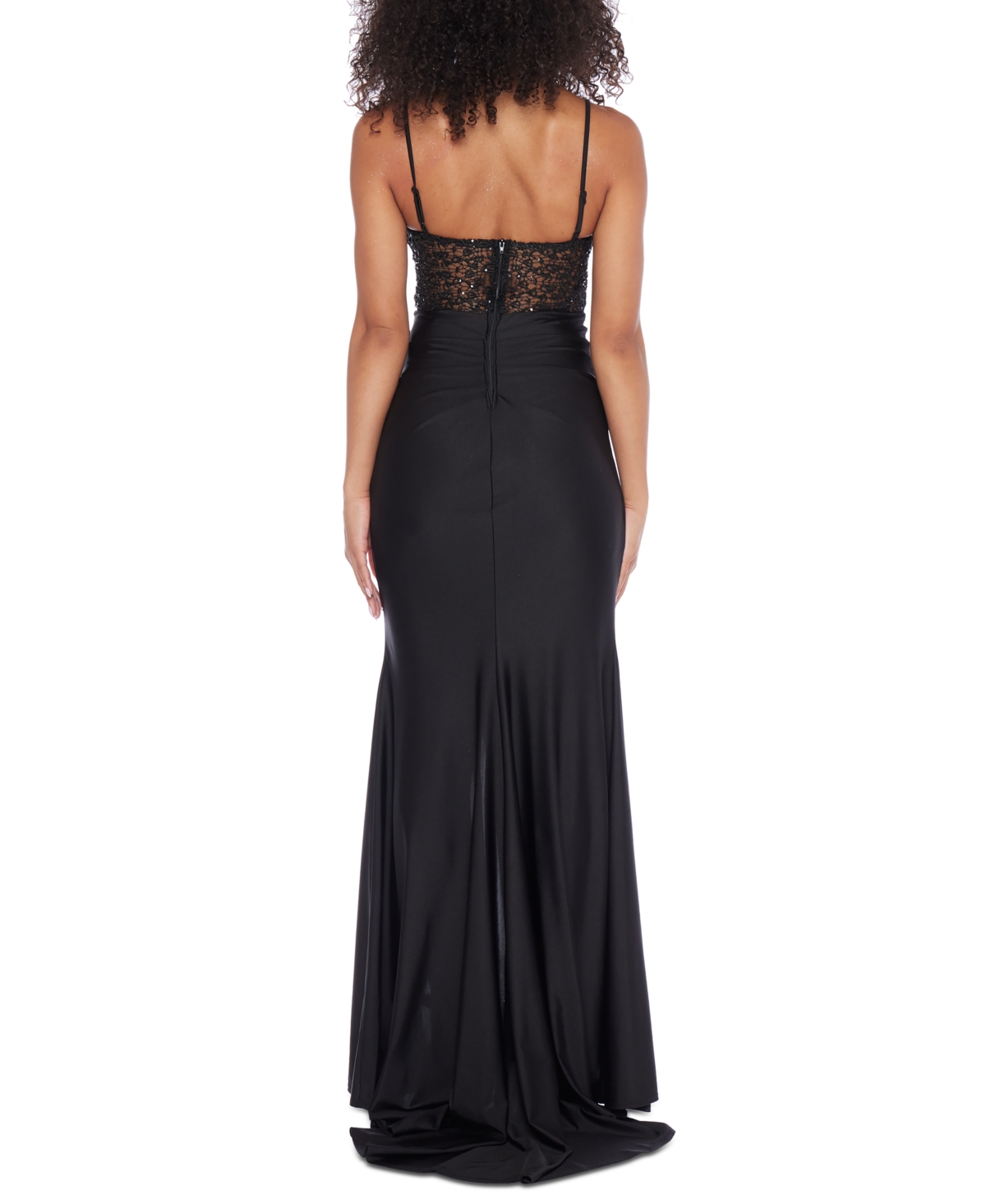 B Darlin Juniors' Strappy Sequinned-Lace Illusion-Corset Maxi Dress -Black