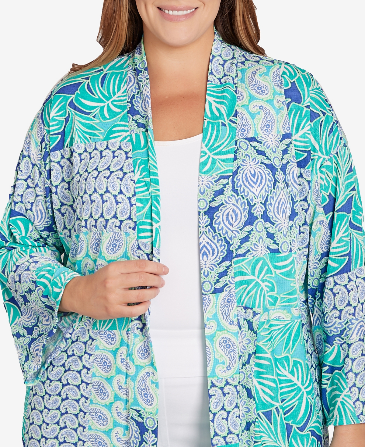 Shop Ruby Rd. Plus Size Bali Patchwork Knit Cardigan Top In Blue Moon Multi