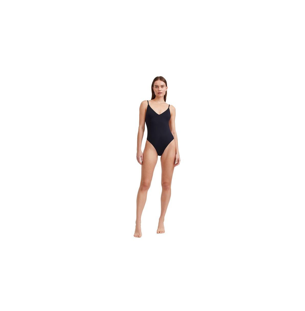 Women's Solid V neck one piece swimsuit with strap back detail - Black
