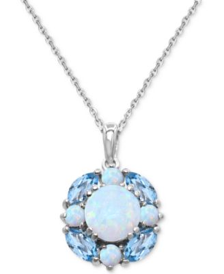 Macy's - Lab Grown Opal (1-1/5 ct. t.w.) & Lab Grown Swiss Blue Topaz (1-1/5 ct. t.w.) Cluster 18" Pendant Necklace in Sterling Silver (Also in Multi-Gemstone)