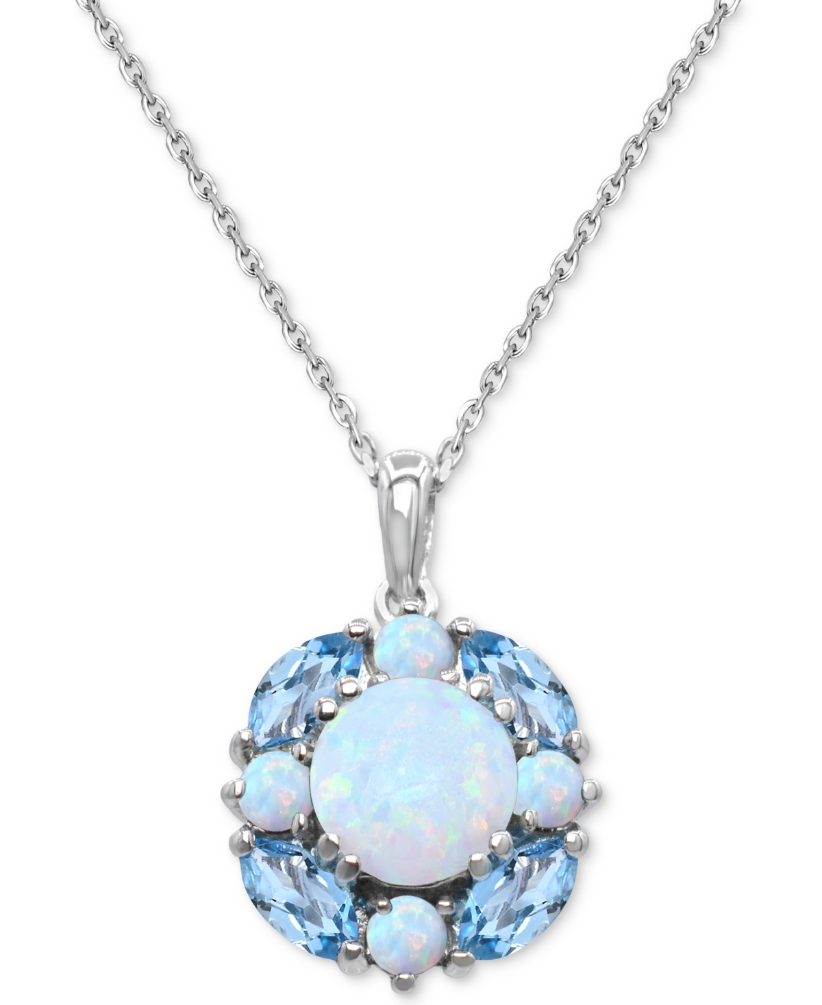 Macy's Lab Grown Opal (1-1/5 Ct. T.w.) & Swiss Blue Topaz (1-1/5 Ct. T.w.) Cluster 18" Pendant Necklace In In Opal