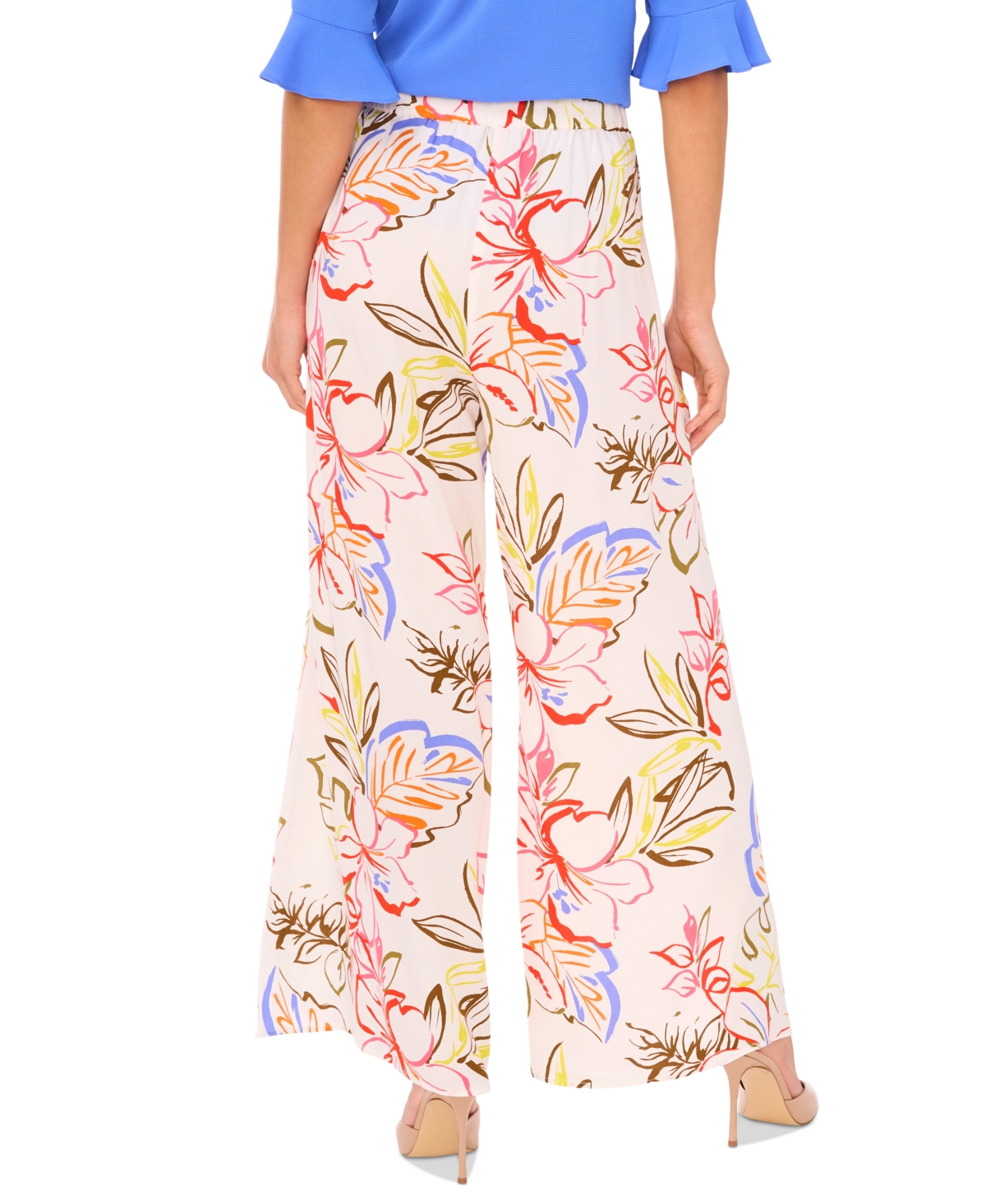 Cece Womens Ruffled Cuff 3 4 Sleeve Crew Neck Blouse Tropical Print Self Tie Overlap Pants In New Ivory