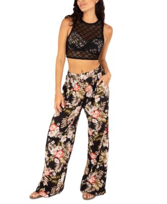 Hurley - Juniors' Highland Tropics Mid-Rise Wide-Leg Pants