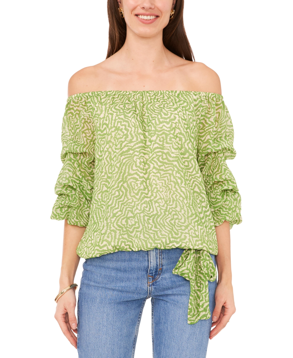 Vince Camuto Women's Printed Off-the-shoulder Bubble-sleeve Top In Salted Lime