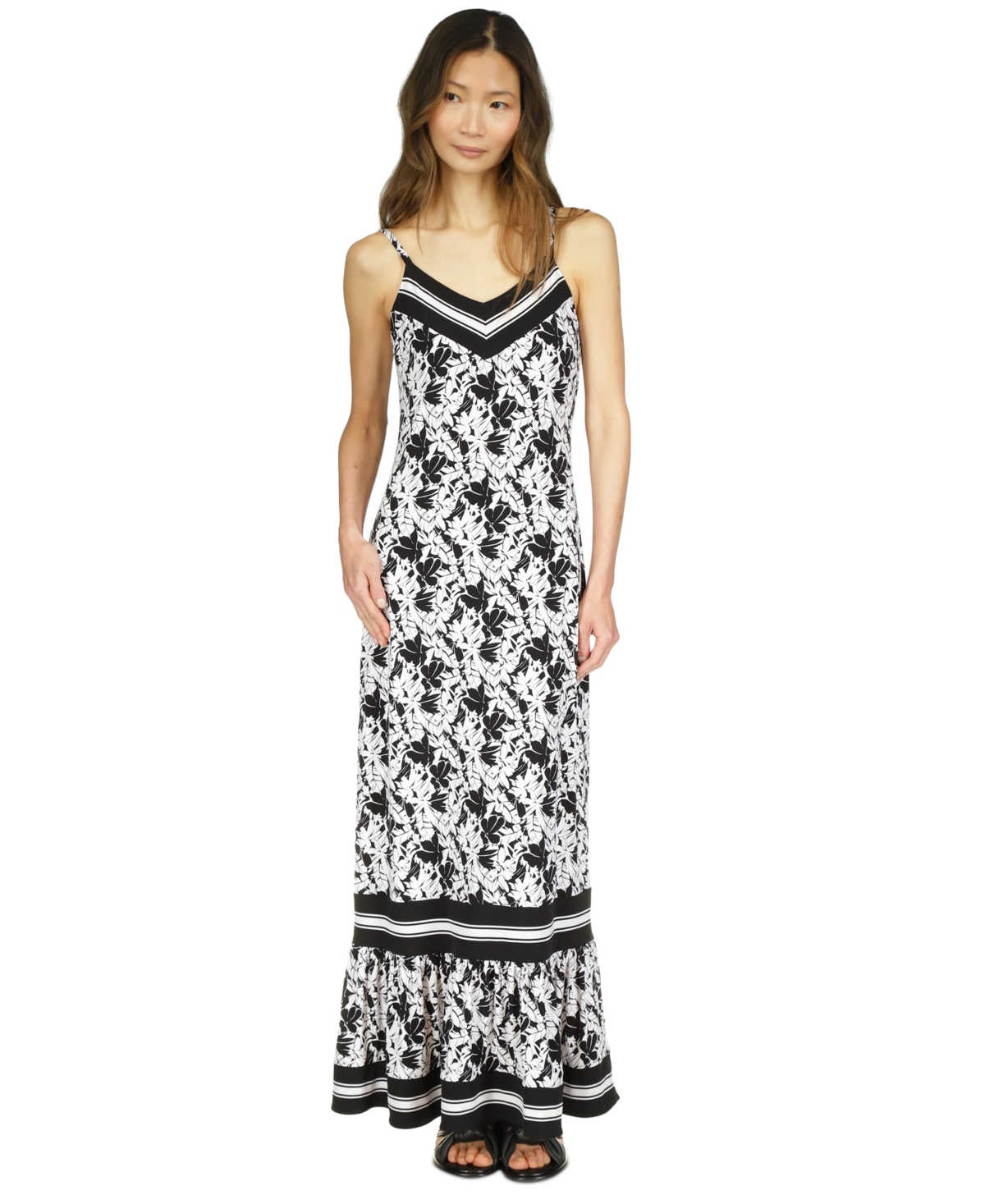 Michael Michael Kors Women's Printed Ruffle-Hem Maxi Dress - Black/ White
