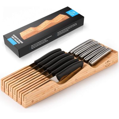 Bamboo Knife Drawer Organizer Insert - Edge-Protecting Knife Organizer Block Holds Up To 11 Knives