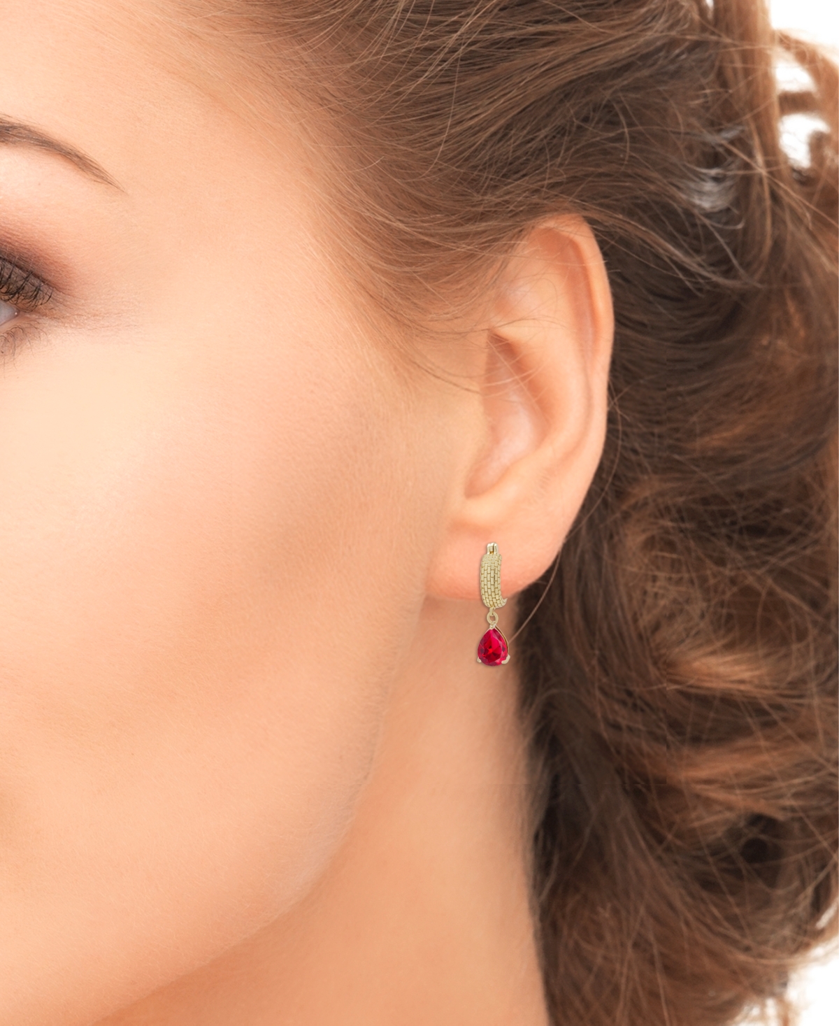 Macy's Lab Grown Ruby Pear Dangle Textured Hoop Earrings (2 Ct. T.w.) In 14k Gold-plated Sterling Silver In Ruby