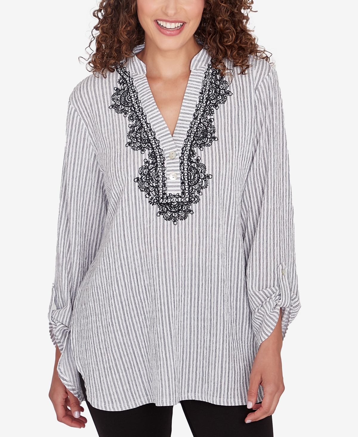 Ruby Rd. Petite Split Neck Embroidered Puckered Stripe Top In Black Multi