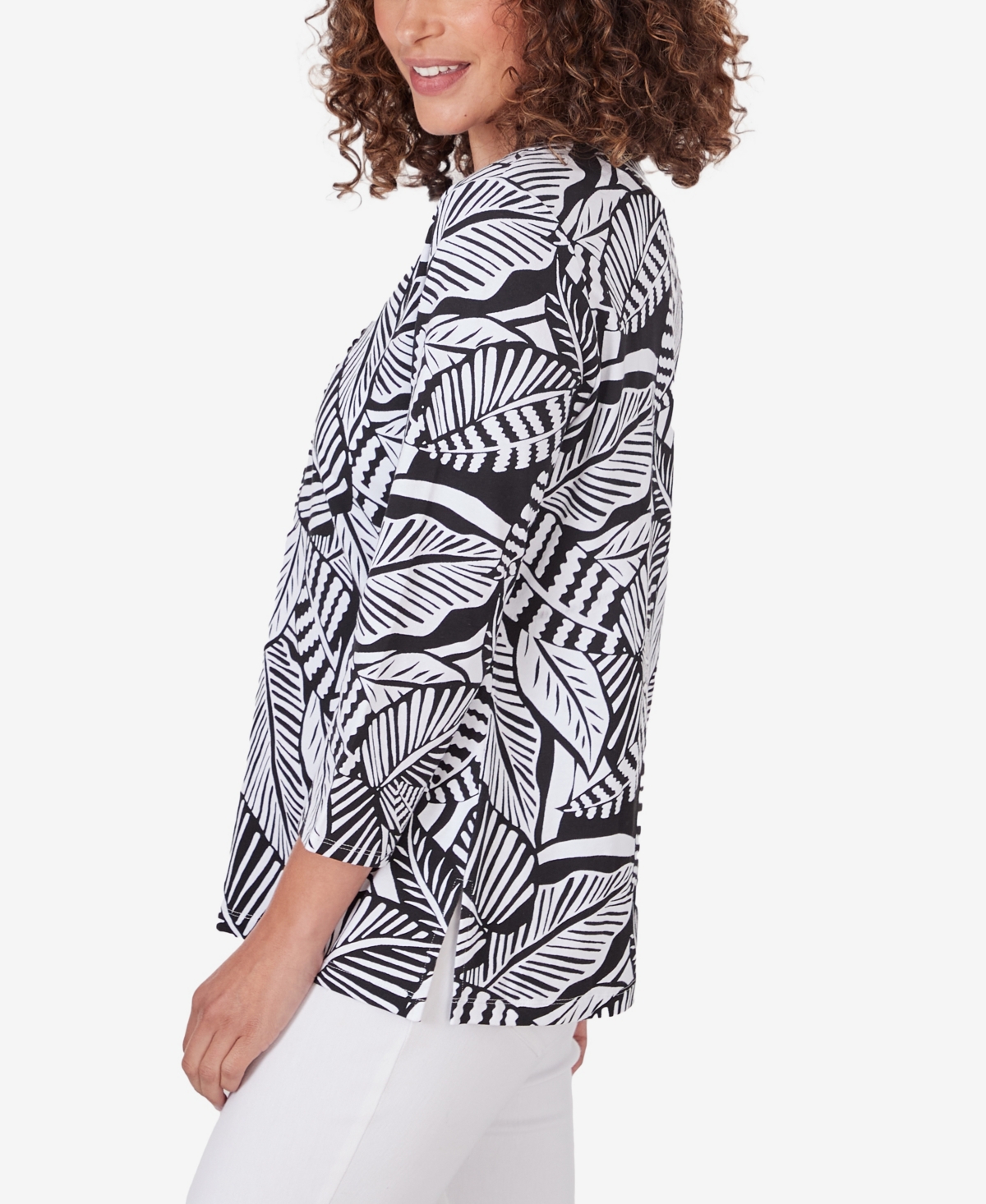 Shop Ruby Rd. Petite Split Neck Tropical Print Top In Black,white