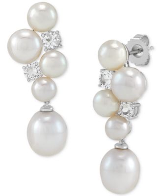 Freshwater Pearl (5-1/2-9-1/2mm) & Cubic Zirconia Cluster Drop Earrings in Sterling Silver