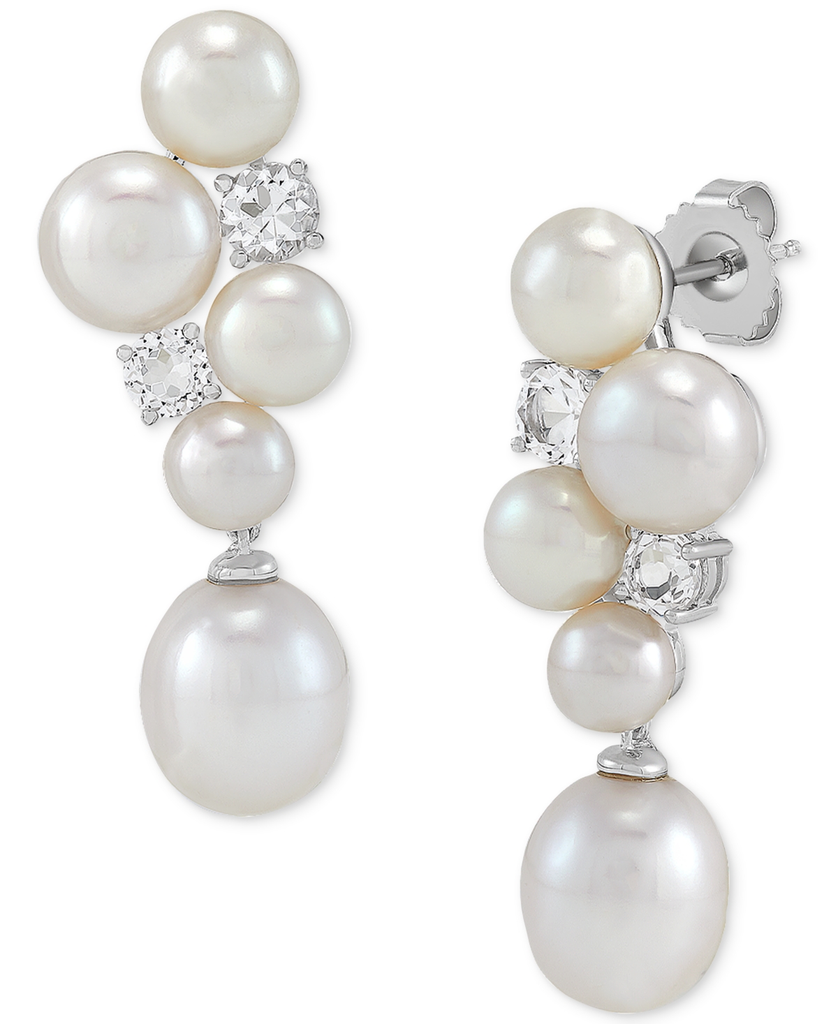 Arabella Freshwater Pearl (5-1/2-9-1/2mm) & Cubic Zirconia Cluster Drop Earrings In Sterling Silver In Sterling Silver