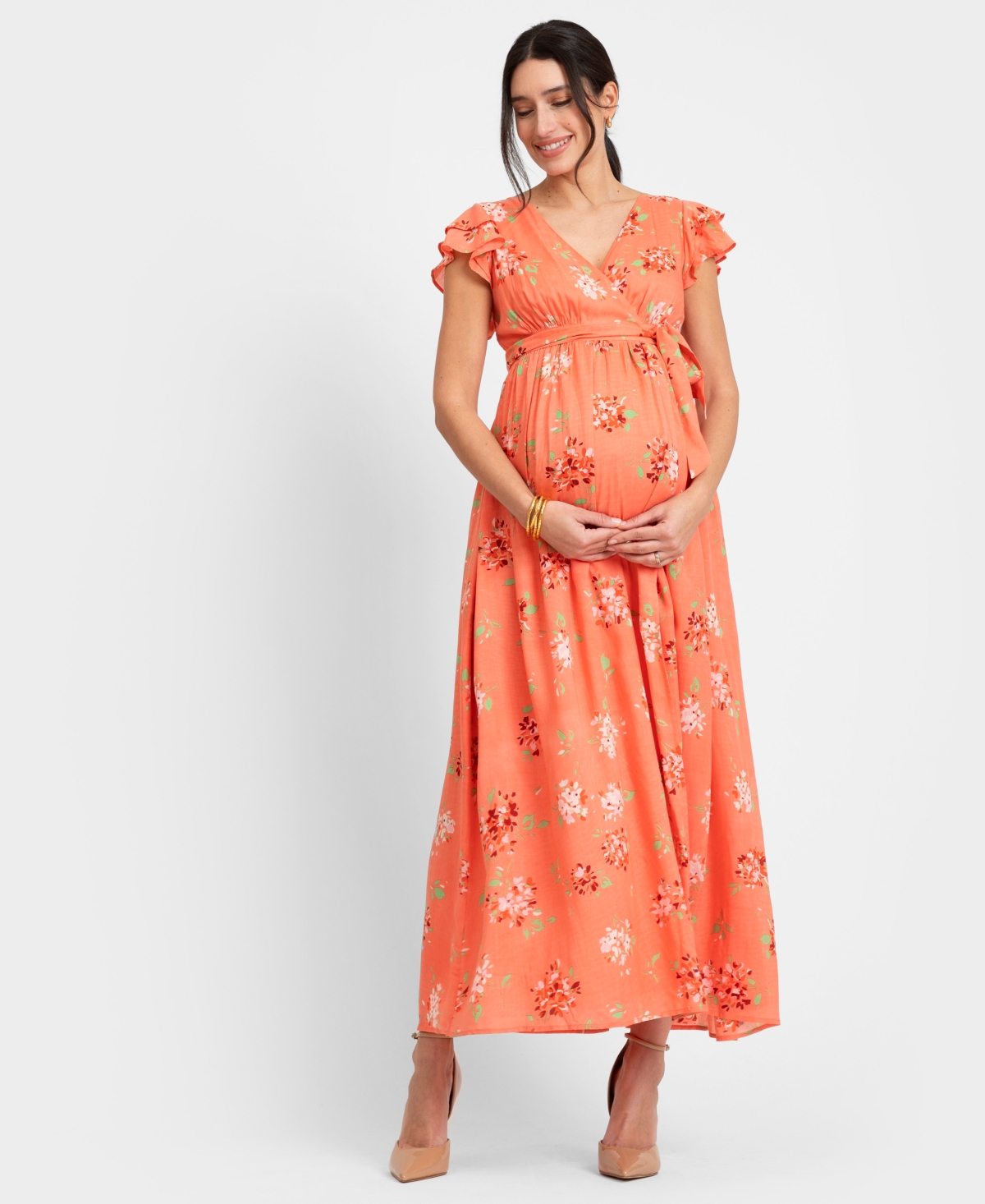 Shop Seraphine Women's Flutter Sleeve Maxi Wrap Dress In Coral Print