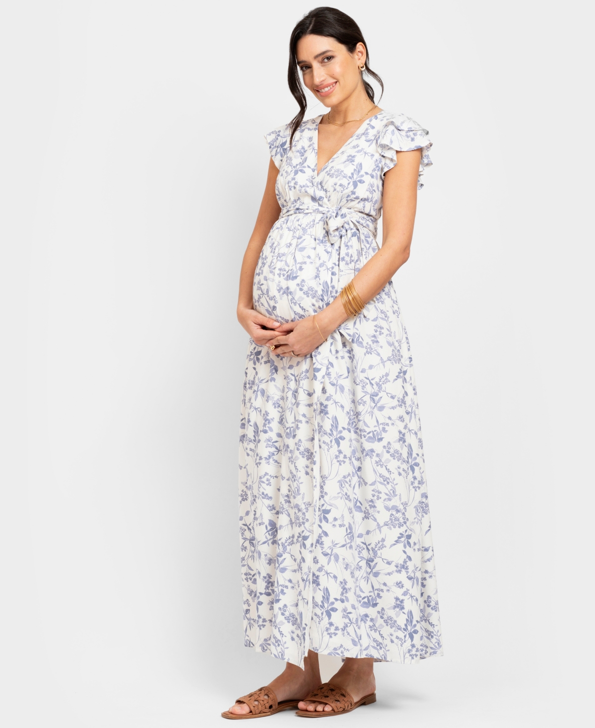 Shop Seraphine Women's Maternity Flutter Sleeve Maxi Dress In Blue Print