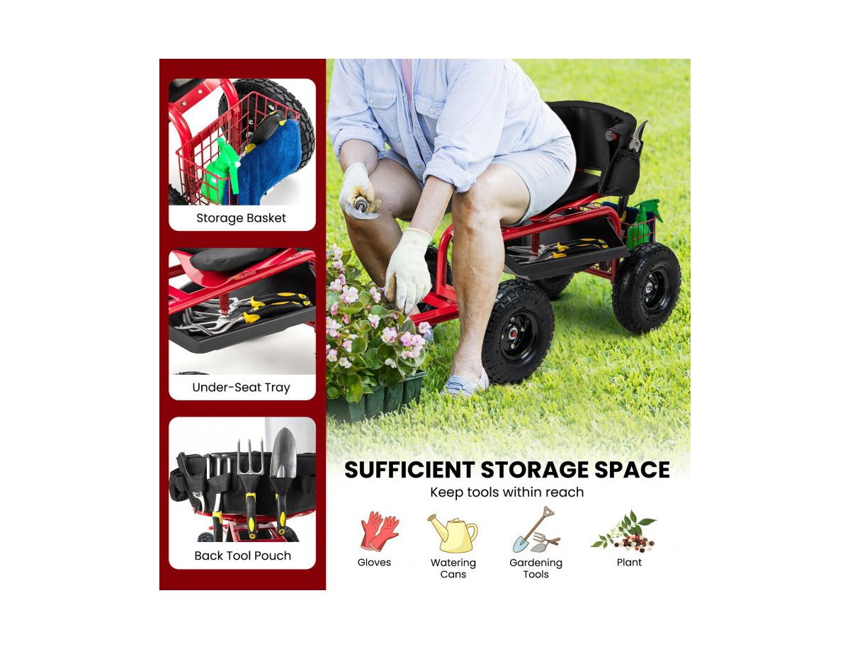 Slickblue Cushioned Rolling Garden Cart Scooter with Storage Basket and Tool Pouch-Black &- Red, Black