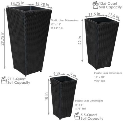 Decorative Square Polyrattan Basket-Style Planters - 9", 11.5", and 14.75" Square - Black - 3-Piece Set