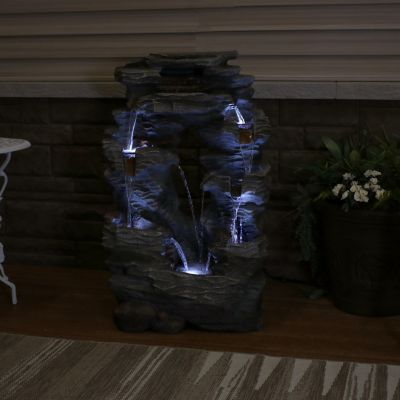 Dual Cascading Rock Falls 39-Inch Outdoor Water Fountain with LED Lights - Electric Submersible Pump