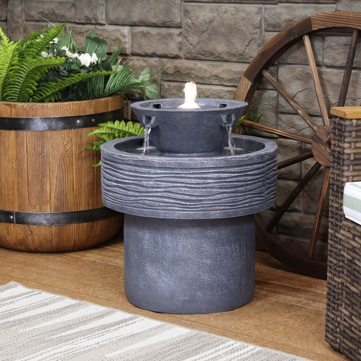 Sunnydaze Decor Tranquil Streams Resin Outdoor 2-Tier Water Fountain with Lights