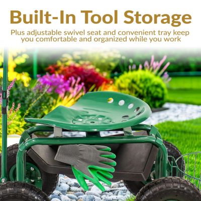 Garden Seat with Wheels - Rolling Garden Stool with Extendable Steer Handle, Swivel Seat and Utility Tool Tray - Green