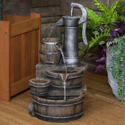 Cozy Farmhouse Pump and Barrels 23-Inch Outdoor Fountain with LED Lights - Polyresin - Electric Submersible Pump