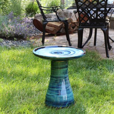 21" H Ceramic Bird Bath for Outside - Hand-Painted Outdoor Bird Bath Bowl, UV/Frost-Resistant Finish - Galaxy Blue - Classic Pedestal