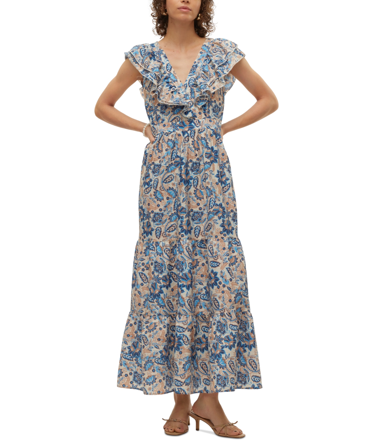 Women's Matilda Printed Layered-Sleeve Maxi Dress - Ibiza Blue