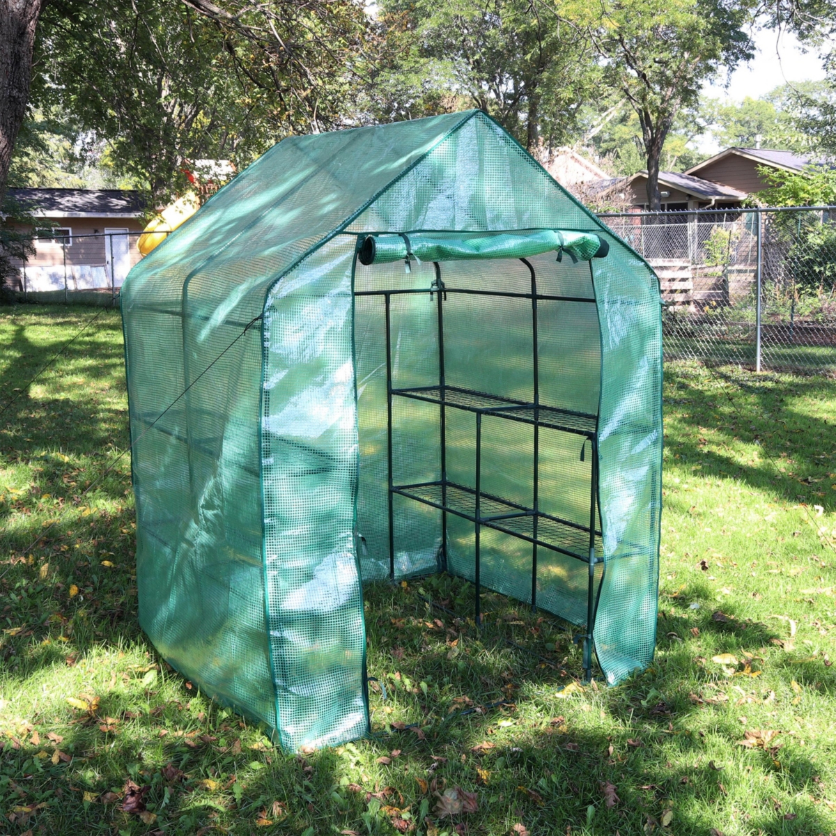 Sunnydaze Decor Iron Pe Cover Walk-In Greenhouse with 4 Shelves -- Green
