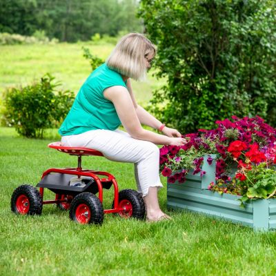 Outdoor Lawn and Garden Heavy-Duty Steel Rolling Gardening Cart with Adjustable Height Swivel Chair, Tool Tray, and Basket