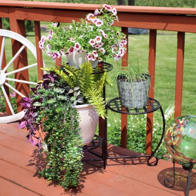 Indoor/Outdoor Steel Decorative Checker Top 3-Tiered Flower Plant Stand Display - Bronze - 2pk