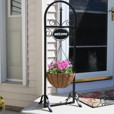 Hanging Basket Planter Stand with Decorative "Welcome" Sign - 48-Inch Tall