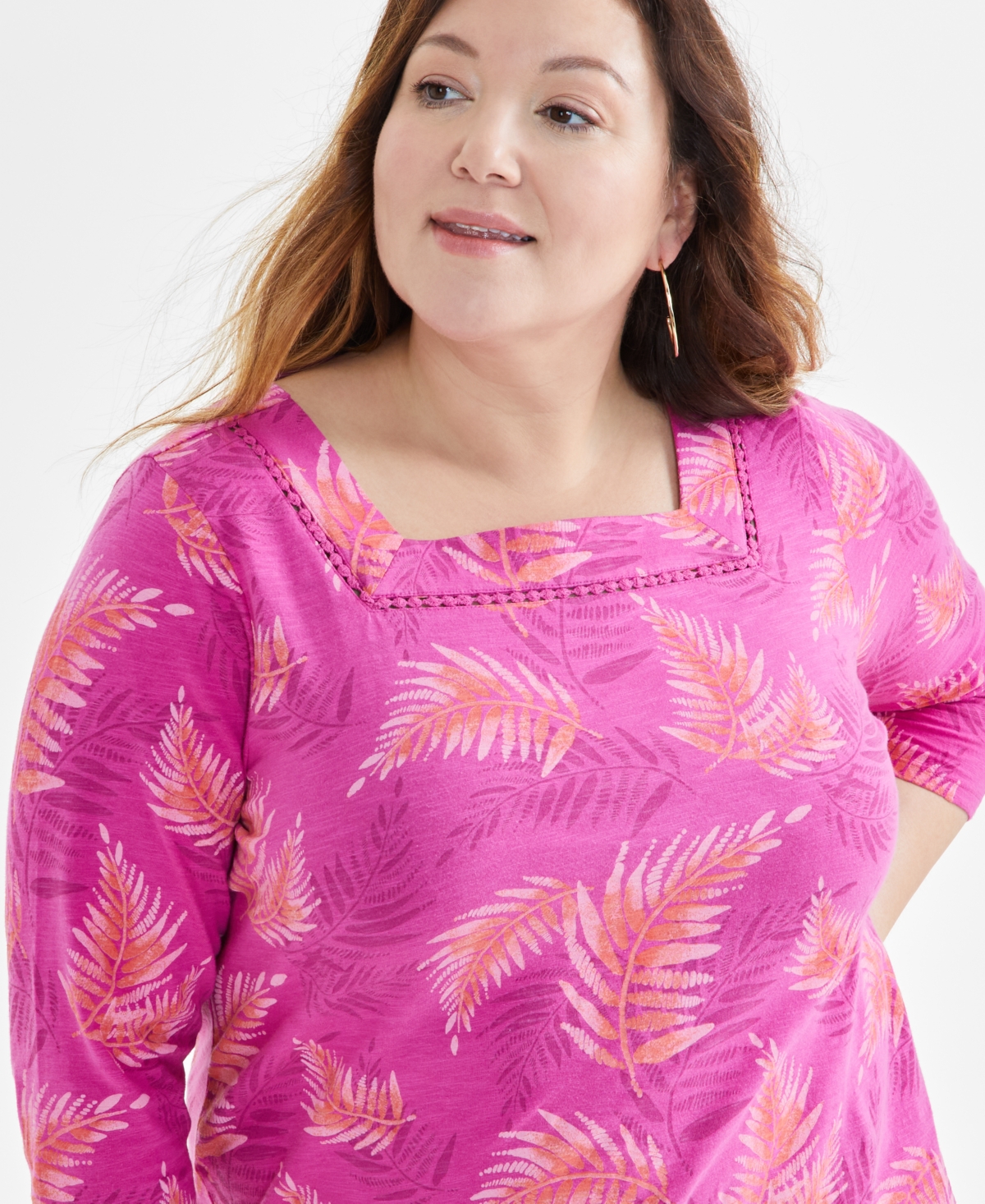 Style & Co Plus Size Printed Cotton Square-Neck Top, Created for Macy's