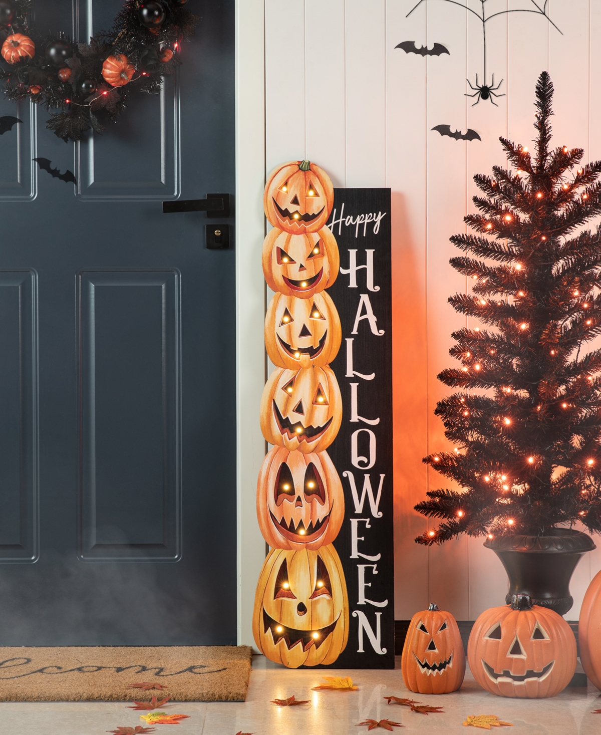 Glitzhome 42"h Lighted Halloween Wooden Stacked Pumpkins Porch Sign With Timer In Multi