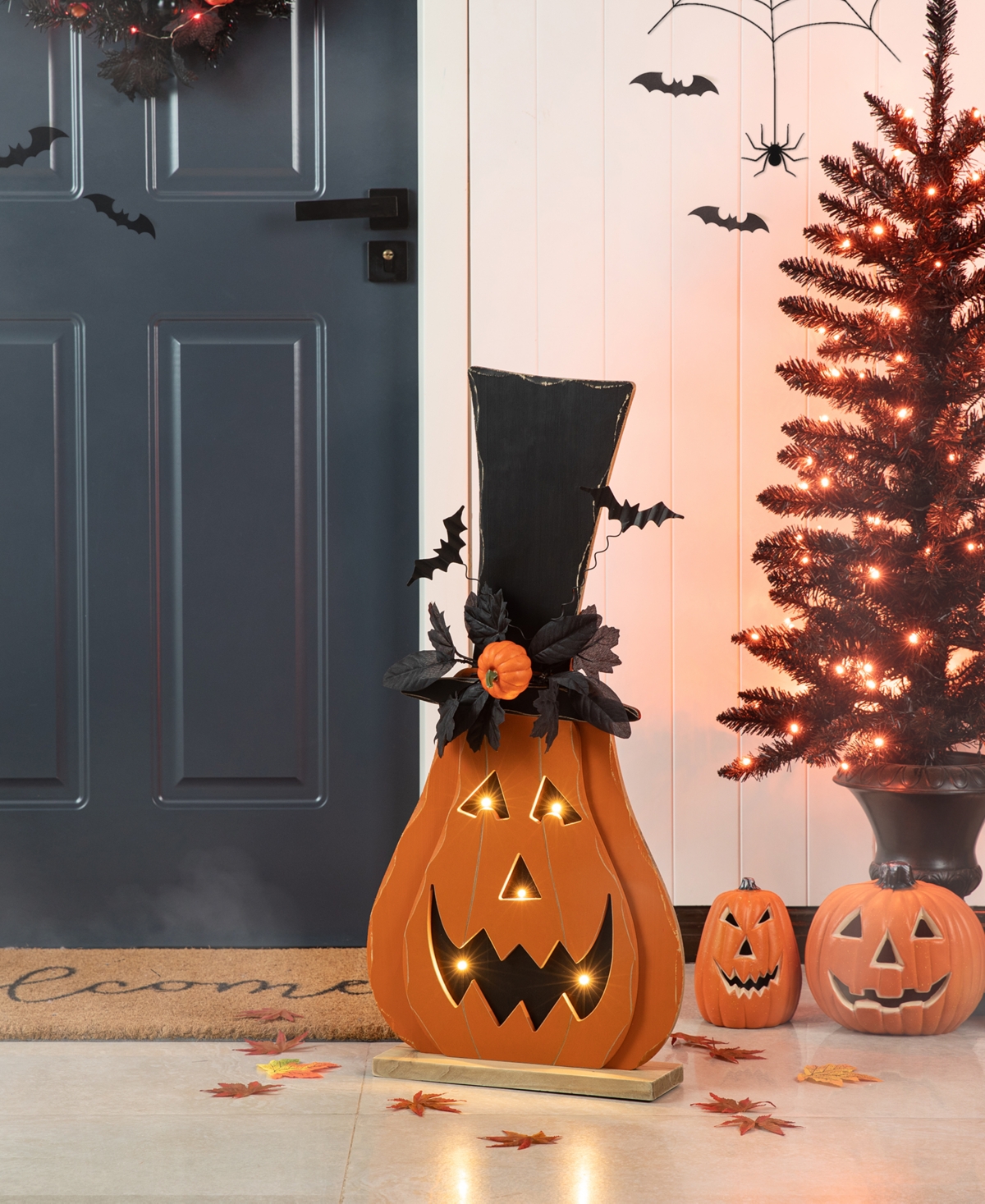 Glitzhome 29.5"h Halloween Lighted Wooden Jack-o-lantern Porch Decor With Floral Timer In Multi