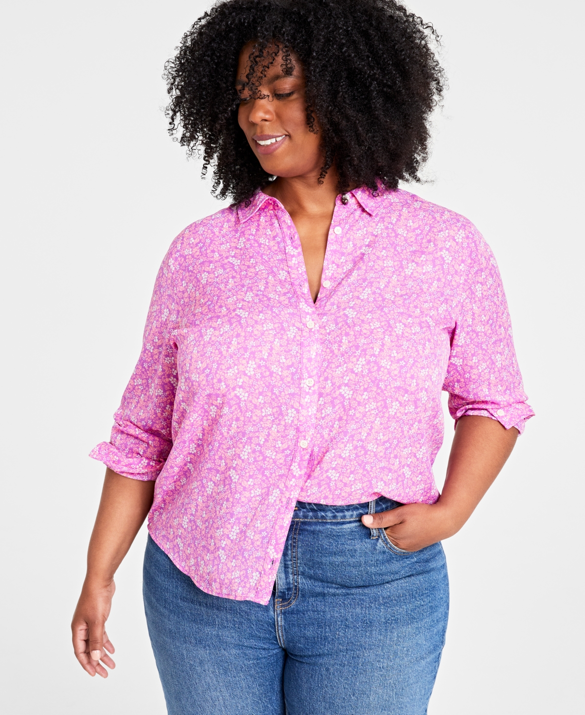 On 34th Trendy Plus Size Button-front Crepe Shirt, Created For Macy's In Sweet Orchd Cmb