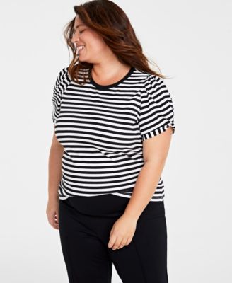 Macy's - Trendy Plus Size Striped Knot-Detail Puffed-Sleeve Top
