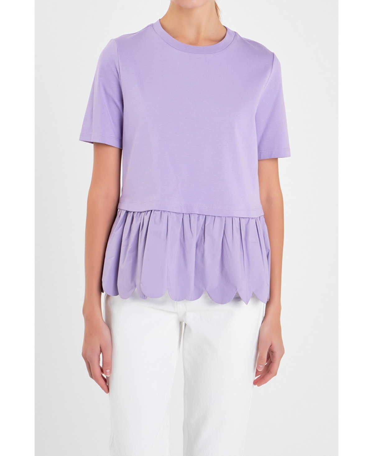 Women's Mixed Media Scallop Detail T-shirt - Purple