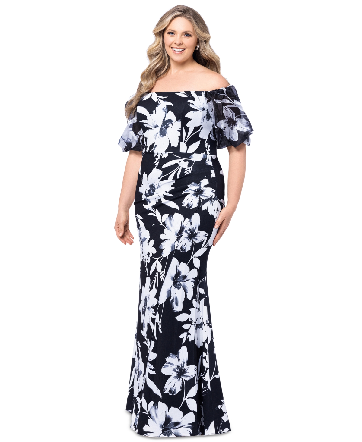 Shop Xscape Plus Size Floral Balloon-sleeve Off-the-shoulder Gown In Black,white