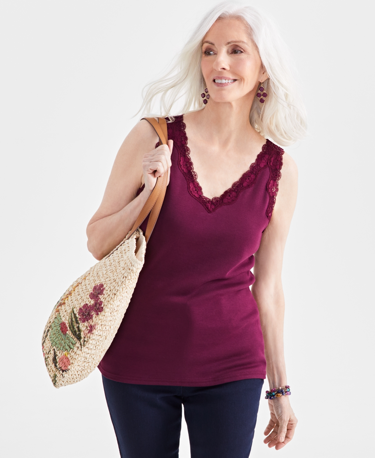 Women's Lace-Trim Cotton Tank Top, Created for Macy's - Berried Treasur