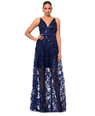 XSCAPE Women's 3D Floral-Appliqué Sequined Gown - Macy's