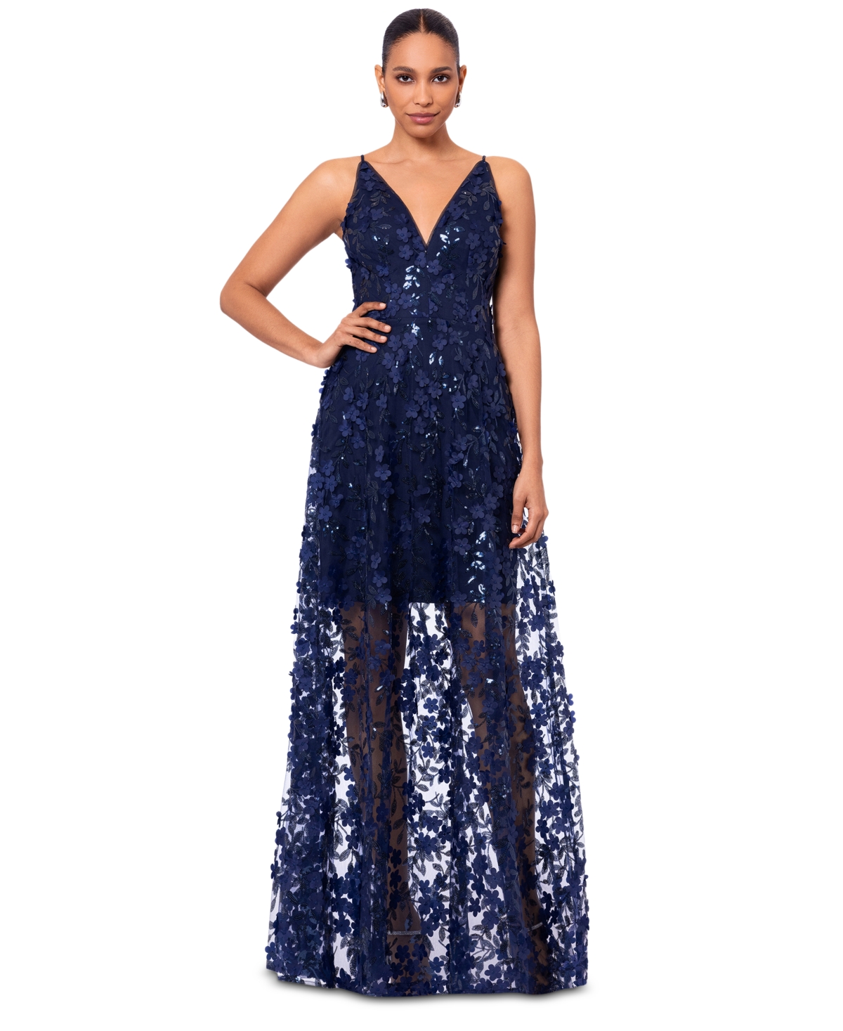 Women's 3D Floral-Applique Sequined Gown - Navy