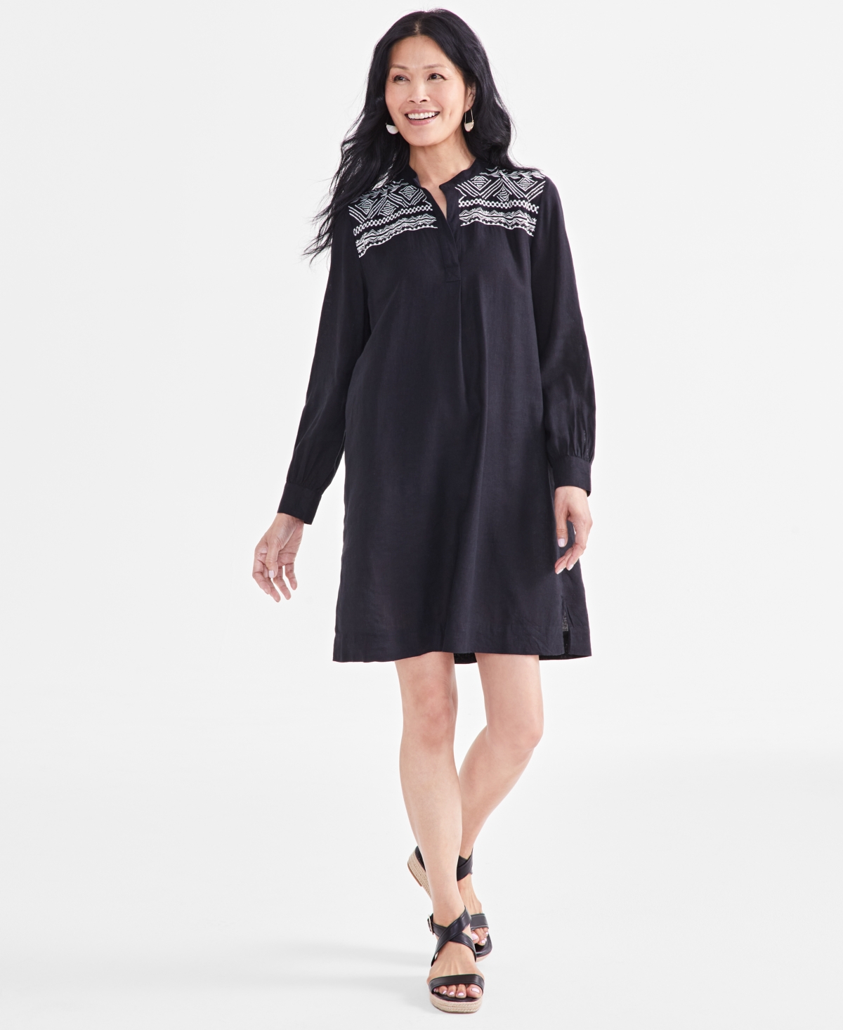 Women's Embroidered Pullover Long-Sleeve Dress, Created for Macy's - Black Embroidery